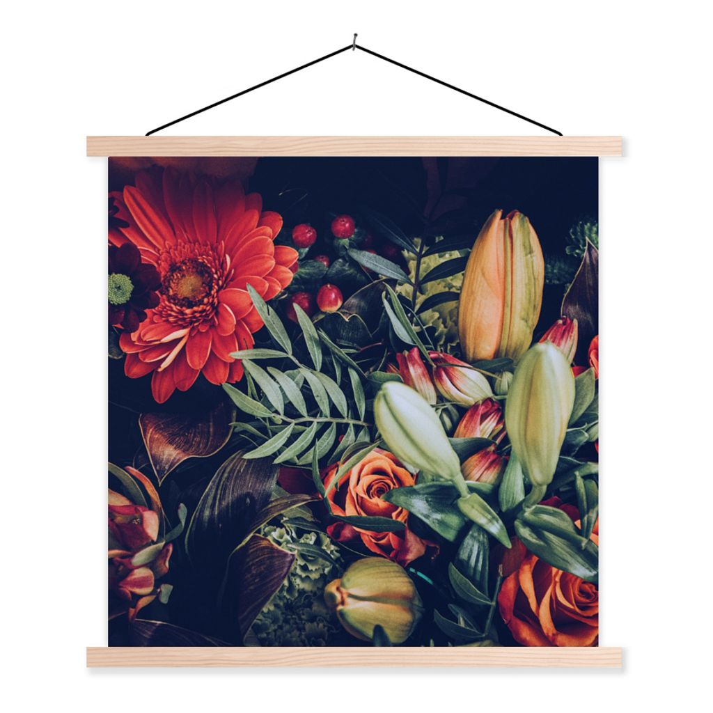 MuchoWow Textilposter Blumenstrauß - Stilleben - Blumen - Pflanzen - Rot 60x60 cm mit holzfarbenen Rahmen - Wanddekoration