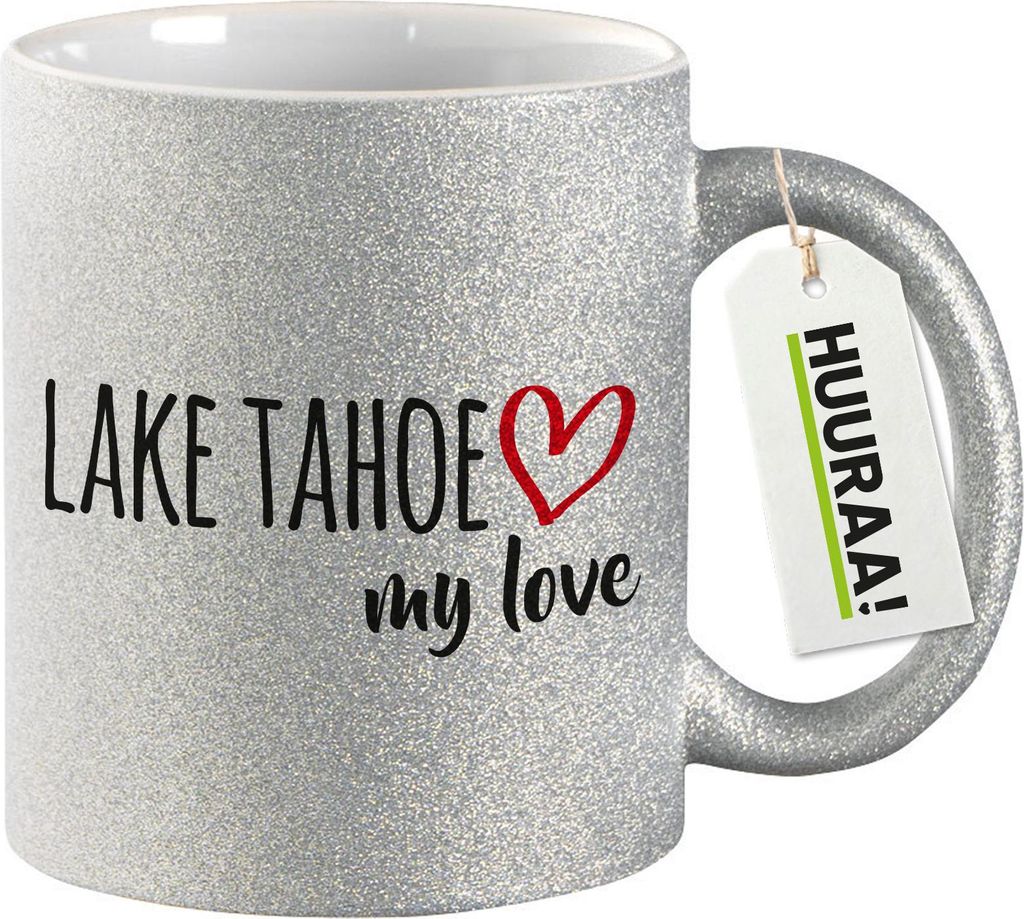 Huuraa Glitzertasse Lake Tahoe my love 330ml Silber Keramik Kaffeebecher Geschenkidee