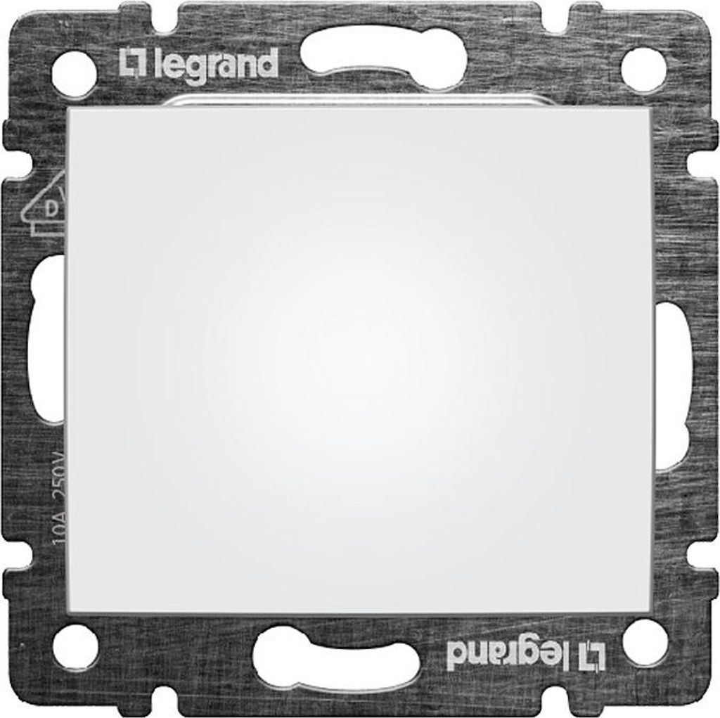 A close-up of a white light switch frame with a metallic border.