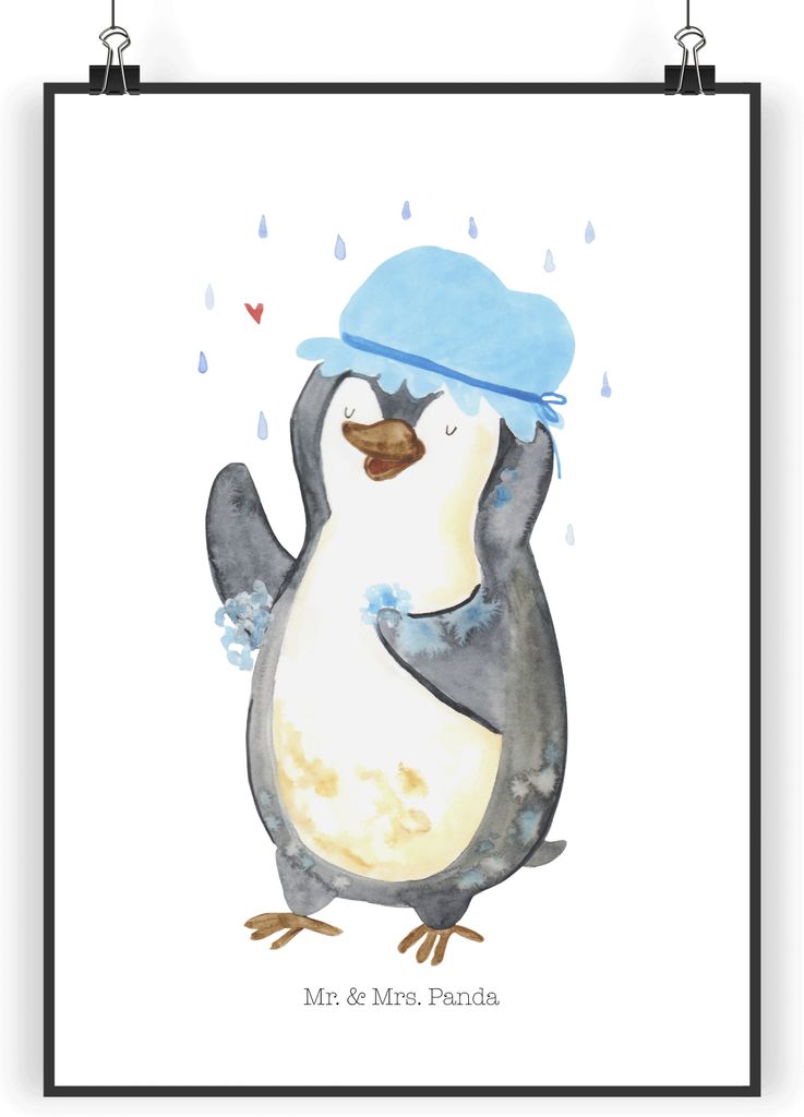 Mr. & Mrs. Panda Bild Pinguin Duschen DIN A5 - Weiß - Geschenk, Lebensmotto, Duschkonzert, Kunstdruck, wanddeko, Wandbild, Singen, Dusche, drucke,...