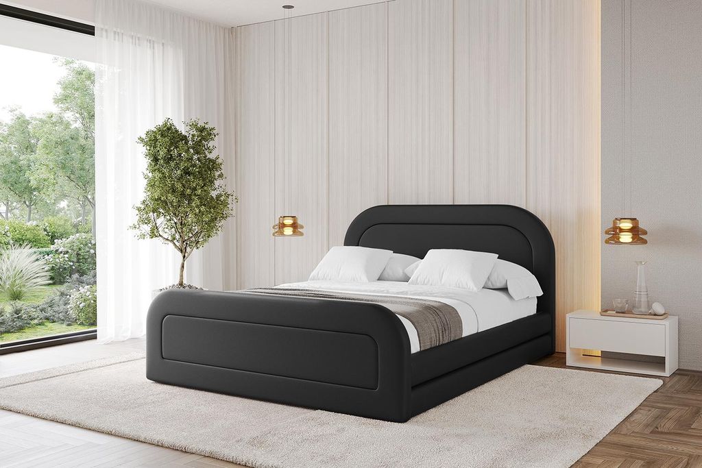 ALTDECOR Polsterbett mit Bettkasten - LERIS-Z 140x200 Schwarz Kunstleder- Bett mit Matratze H3/H4, Kopfteil und Fußteil, Boxbett, Doppelbett mit S...