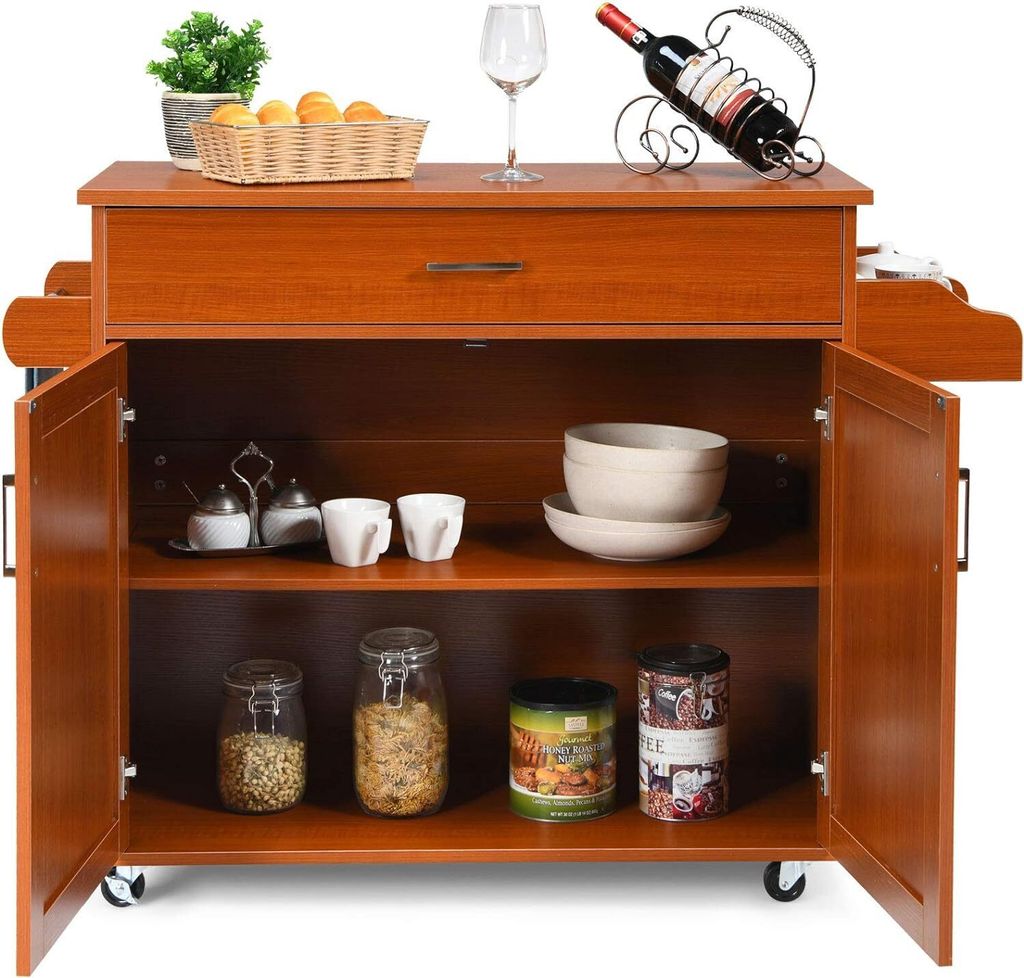 KOMFOTTEU Küchenwagen Servierwagen mit Arbeitsplatte, Küchenschrank Holz mit Rollen, Kücheninsel küchentrolley 116x40x85cm (Rotbraun)