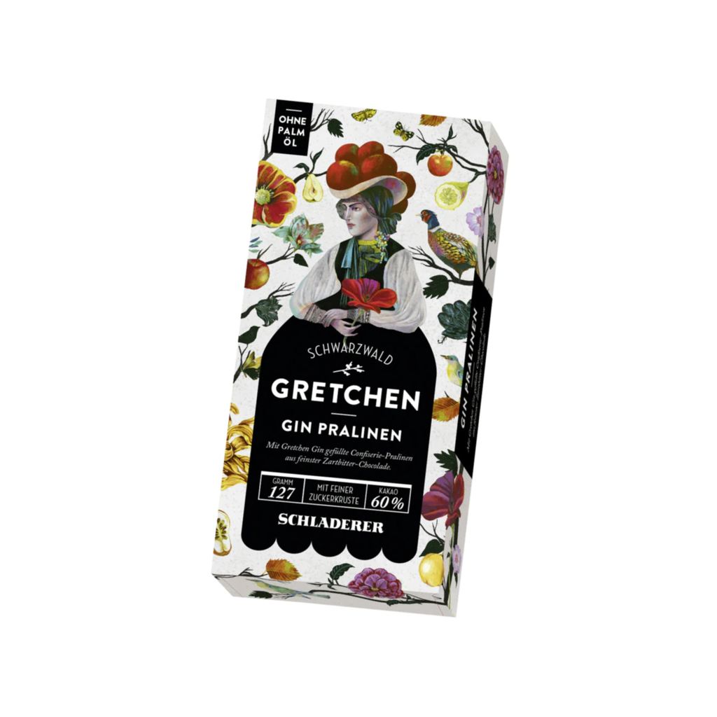 A product package for Schladerer Gretchen Gin Pralinen Zartbitterschokolade.