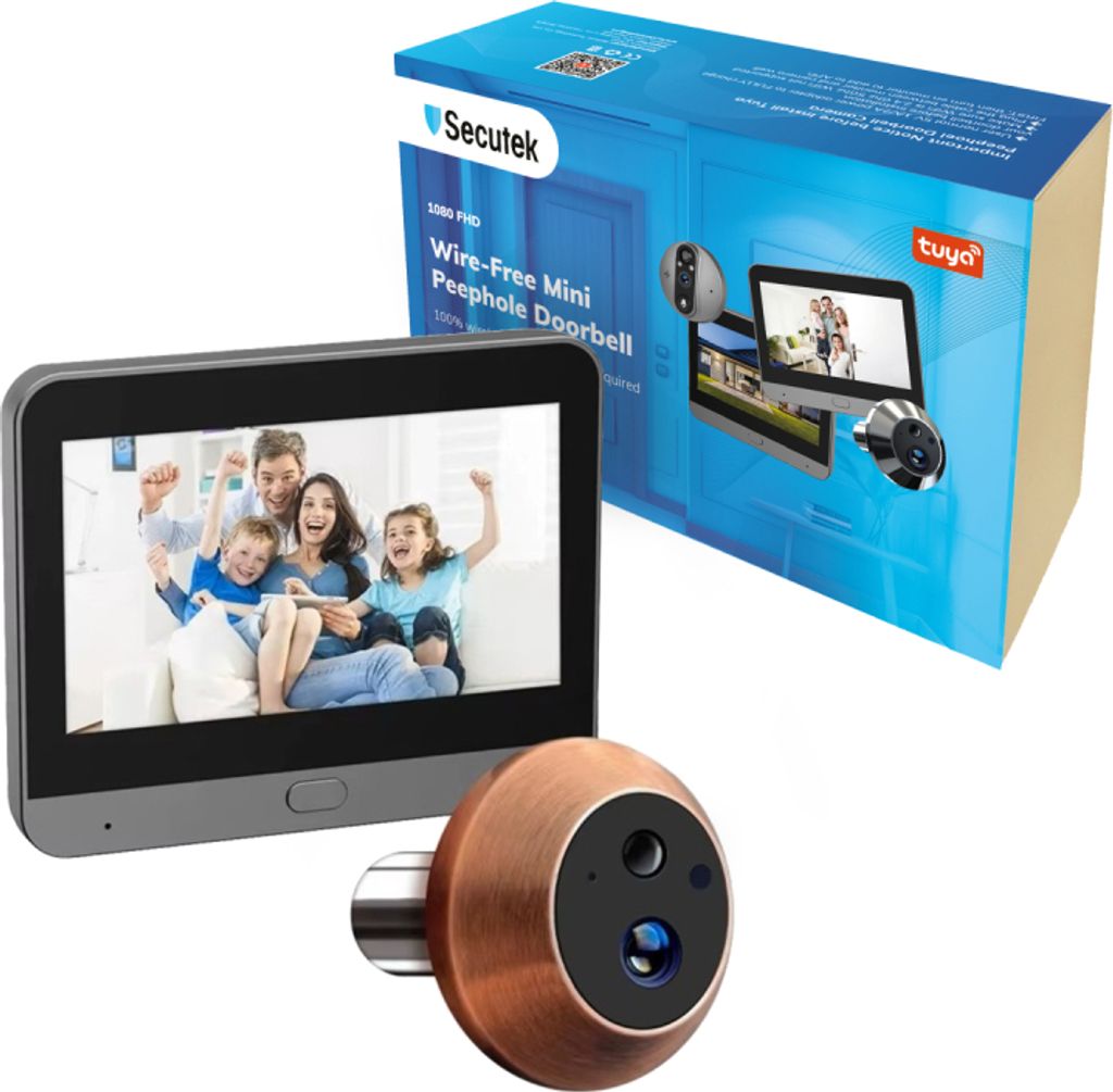 A product shot of a digital peephole doorbell and its packaging.