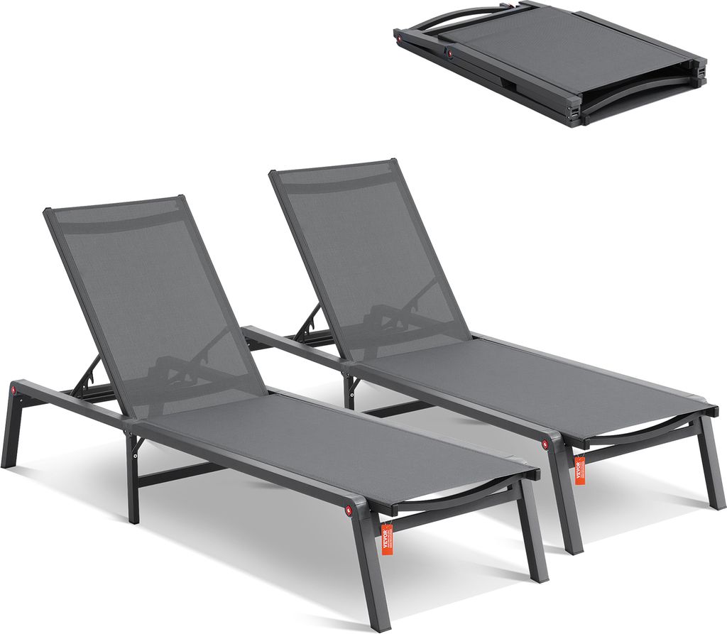 Two grey outdoor chaise lounge chairs are shown, with a folded chaise lounge chair in the upper right corner.