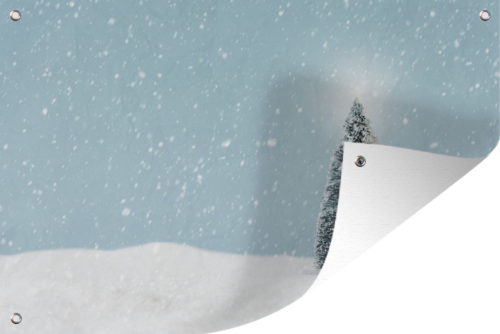 MuchoWow 60x40 cm Outdoor-Poster Gartendeko Sichtschutz Garten Poster für den Garten Ein Weihnachtsbaum in einer verschneiten Landschaft und ein...