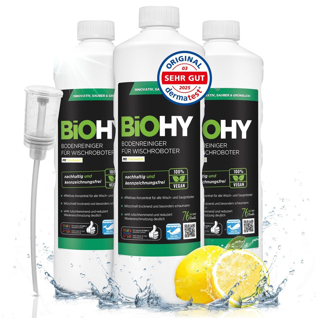 BiOHY Bodenreiniger für Wischroboter (3x1l Flasche) + Dosierer | Konzentrat für alle Wisch & Saugroboter mit Nass-Funktion | nachhaltig & ökolog...