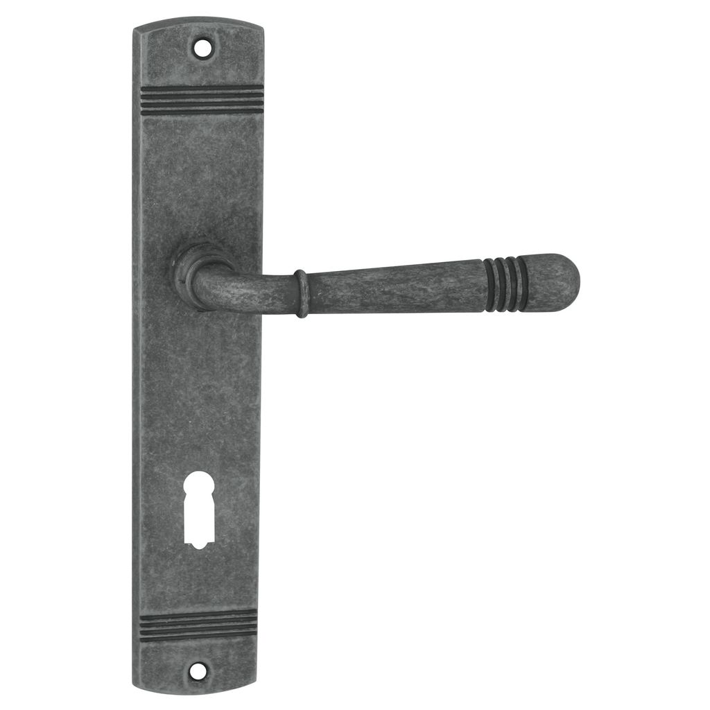 A gray metal door handle with a keyhole on a white background.