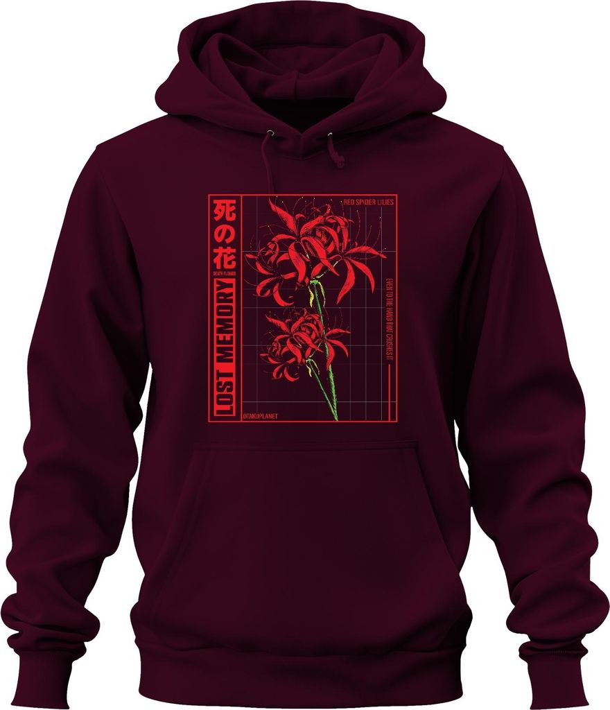 Rote Spinnenlilie LOST MEMORY japanische Blume Anime Otaku Ästhetik Uni Hoodie Kapuzenpullover, Burgundy, S