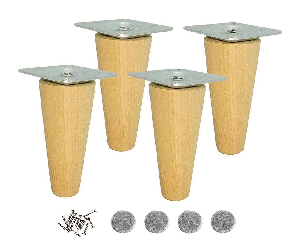 4x Möbelfuß aus Eiche – konisch, roh, 10 cm – mit M8-Schraube & Montageplatte
