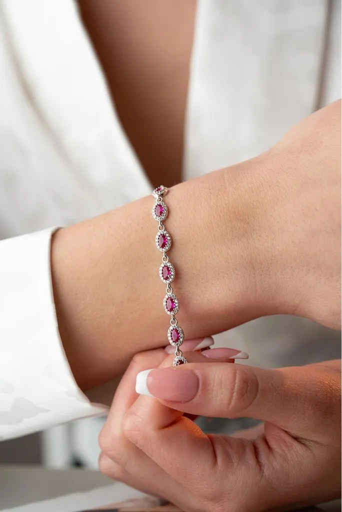 Bracelet anti-noircissement en argent 925 et zircone rose fuchsia