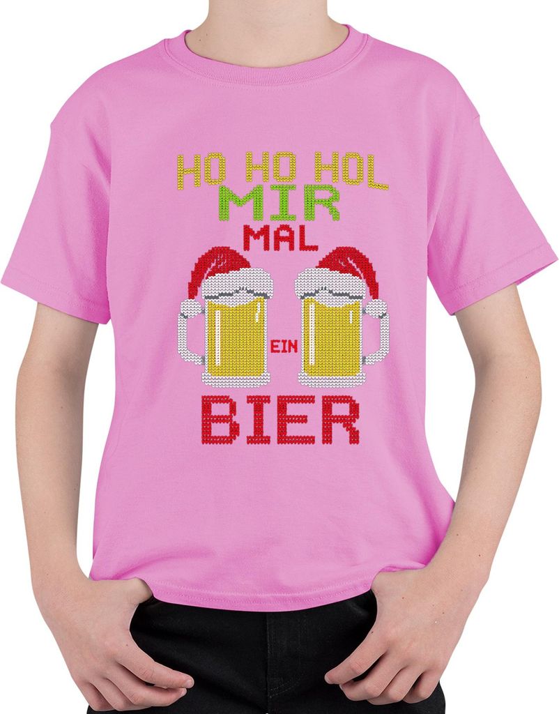 Ho Ho hol mir mal ein Bier Weihnachtsstrick Bierkrug Bierliebhabe Uni Kinder T-Shirt, Pink, 128