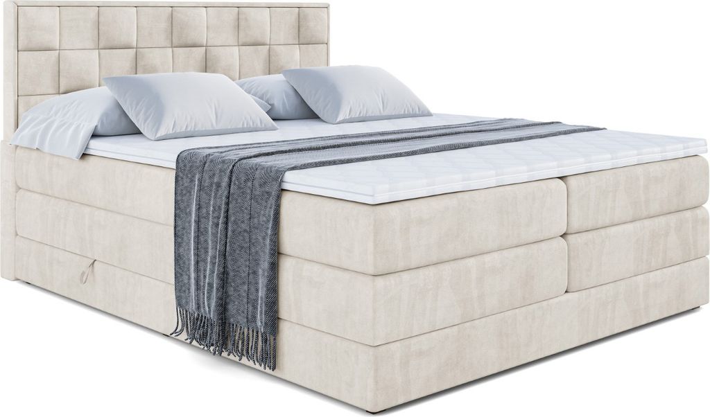 ALTDECOR Boxspringbett mit 2 Matratzen und Topper - 160x200 cm - ZAFIRA-BZ KING - Beige Samt - Polsterbett mit, H3- und H4- Matratzen, Bettkasten u...