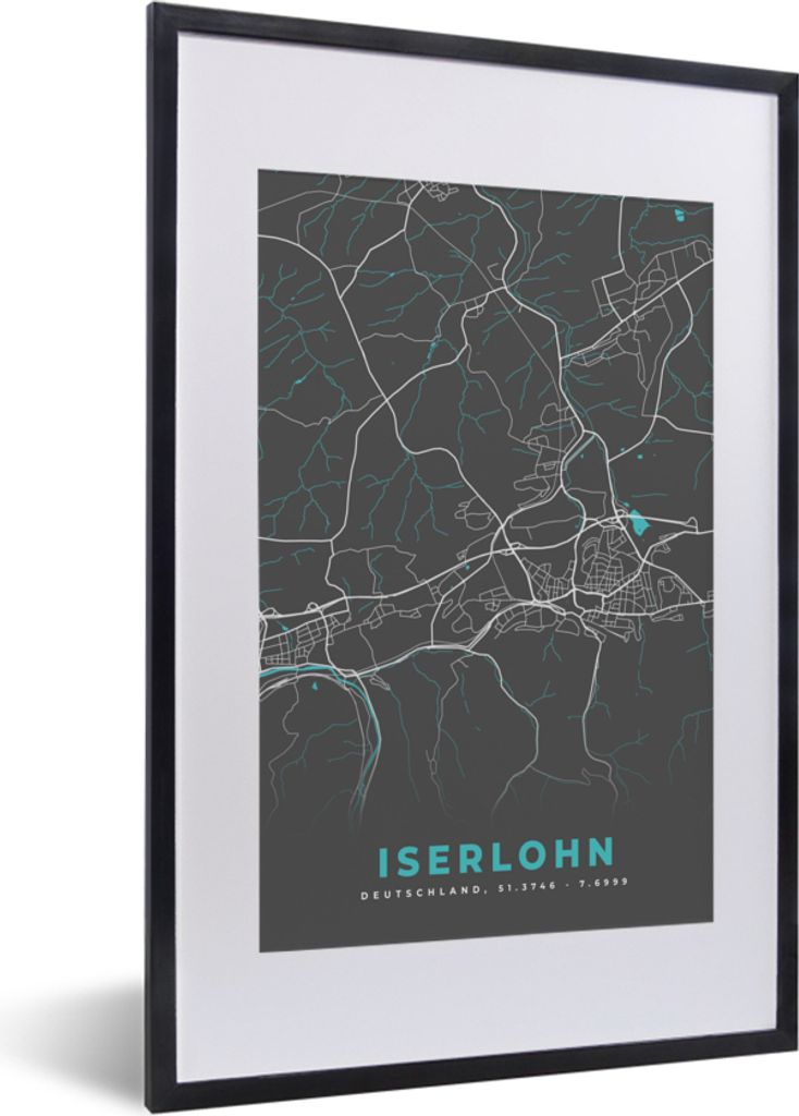 MuchoWow Gerahmtes Poster Deutschland - Blau - Iserlohn - Stadtplan - Karte 40x60 cm - Poster mit Schwarzem Bilderrahmen Wandposter Rahmen Foto B...