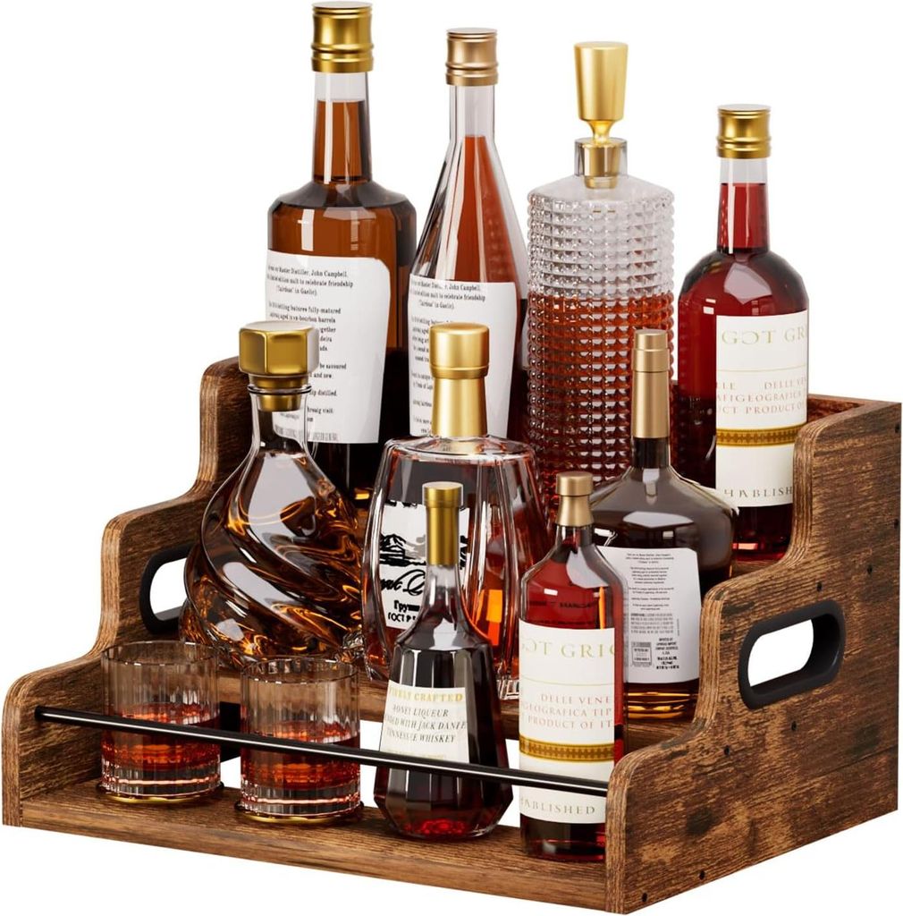 3-St?ckiges Weinregal Holz Arbeitsplatte: Flaschenregal mit Griffe und Zaun fš¹r Wein und Weingl?ser - Retro Trapezf?rmiges Weinflaschenhalter f...