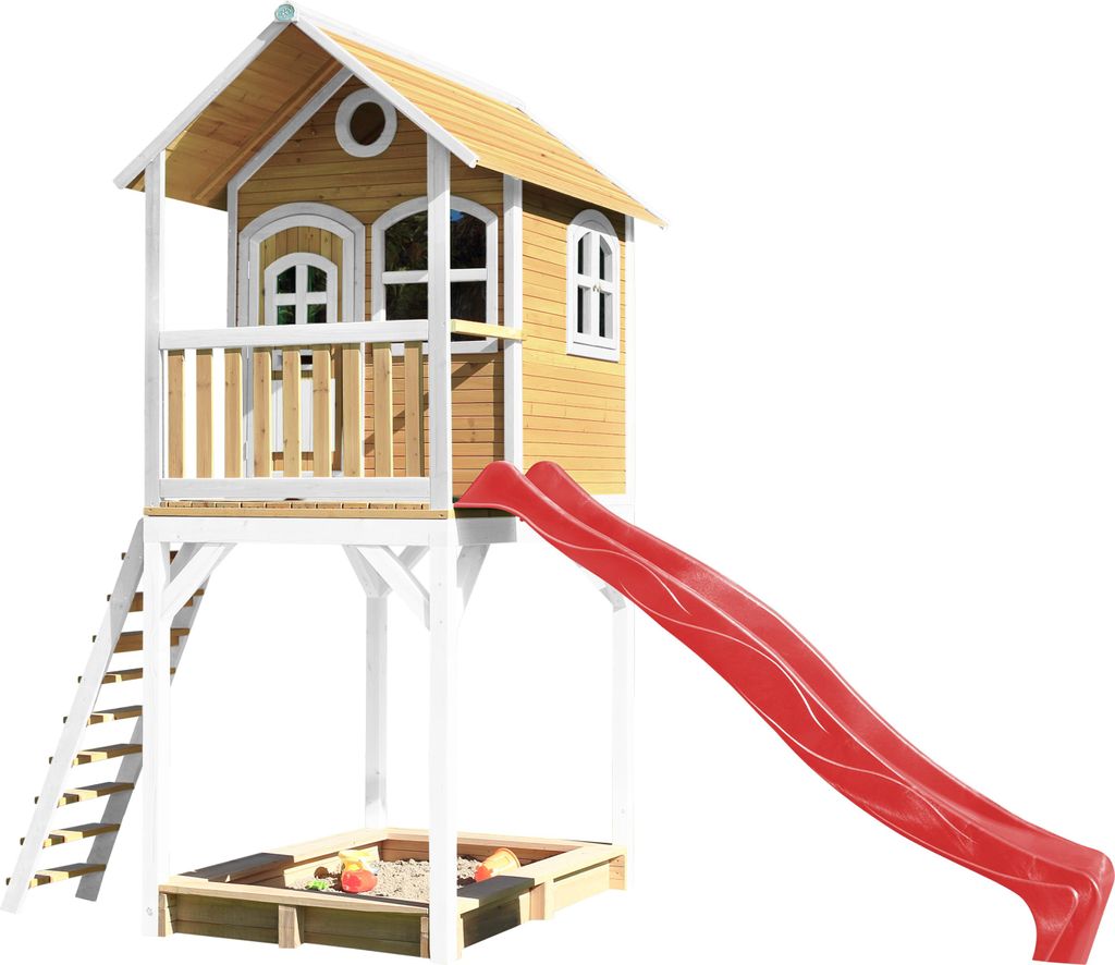 AXI Spielhaus Romy mit Sandkasten & roter Rutsche | Stelzenhaus in Braun & Weiß aus Holz für Kinder | Spielturm für den Garten