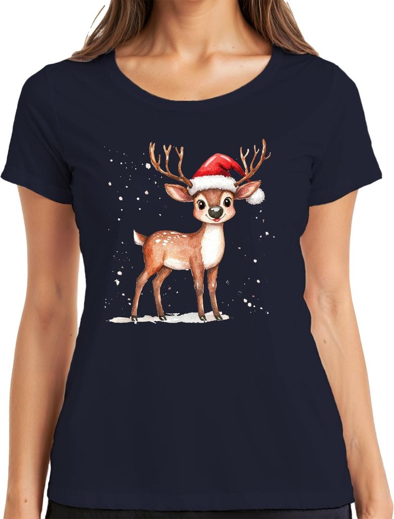 Weihnachtsrentier Niedliches Aquarell Kinder Geschenk Winter Süß Damen T-Shirt, Navy, XL