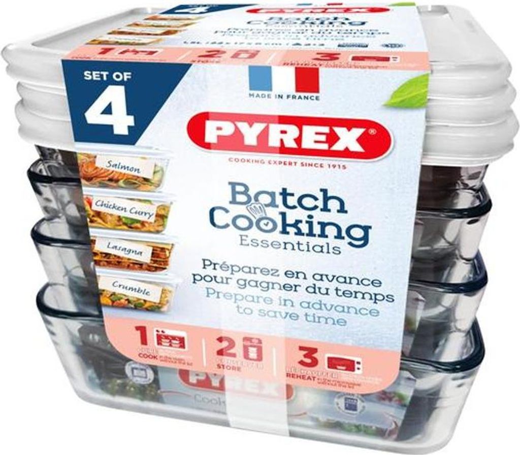 A set of four Pyrex batch cooking essential glass containers stacked and presented in their packaging.