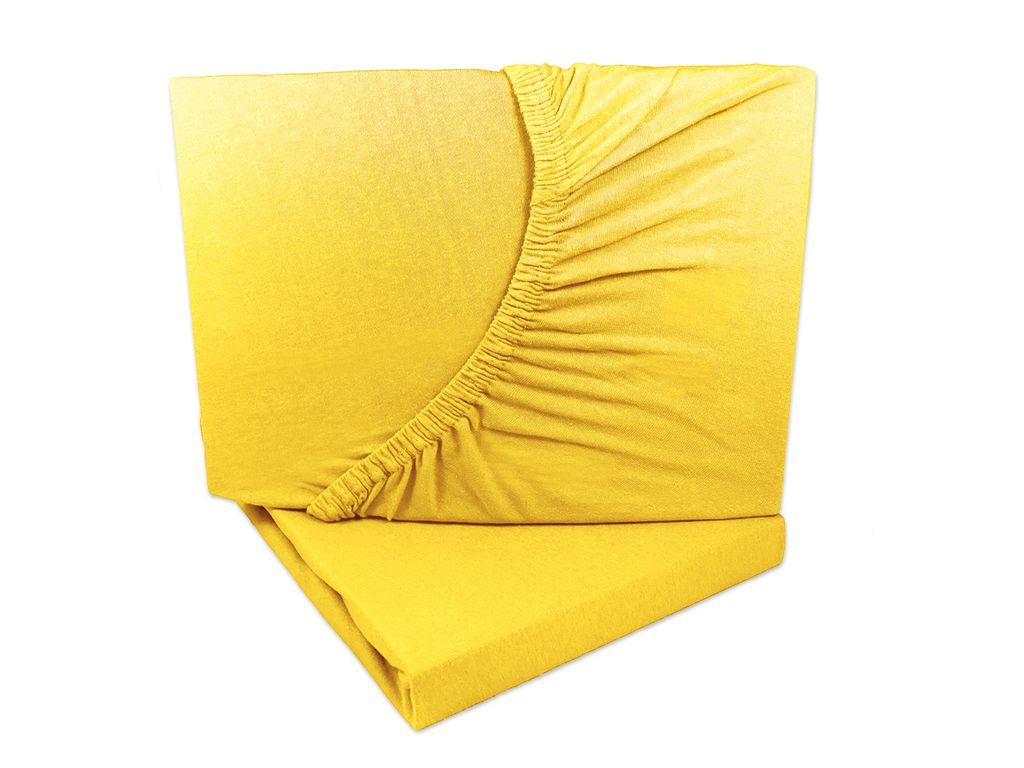 A folded yellow fitted sheet is shown against a white background.