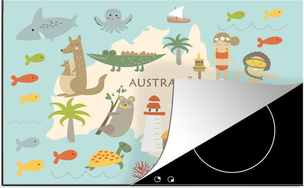 KitchenYeah Herdabdeckplatte Weltkarte Kinder - Australien - Farben , 78x52cm, Küche Deko, Glaskeramikfeld Herdabdeckung, Abdeckplatte fùr Koch...