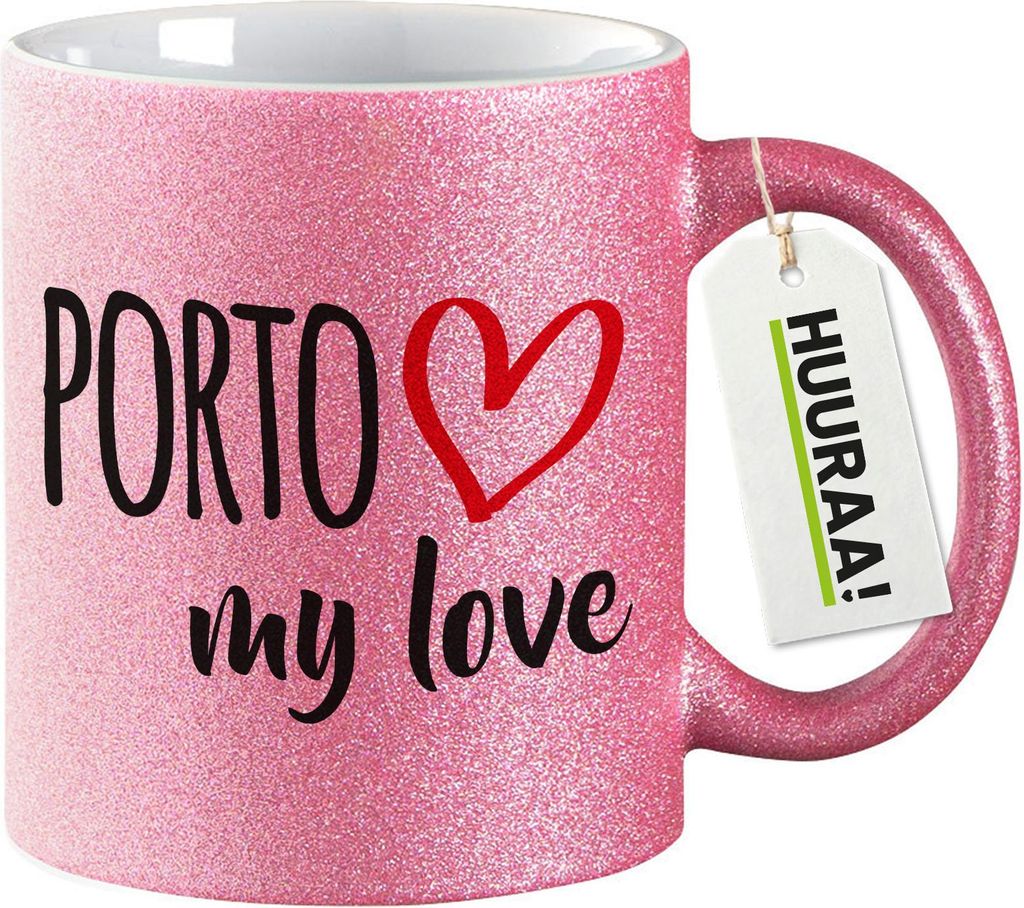 Huuraa Glitzertasse Porto my love 330ml Pink Keramik Kaffeebecher Geschenkidee