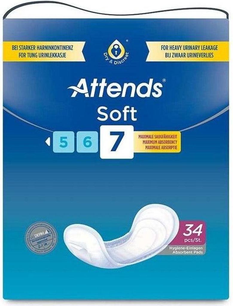 A package of Attends Soft absorbent pads for urinary leakage.