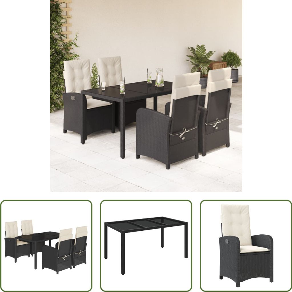 The Living Store 5-tlg. Garten-Essgruppe mit Kissen Schwarz Poly Rattan