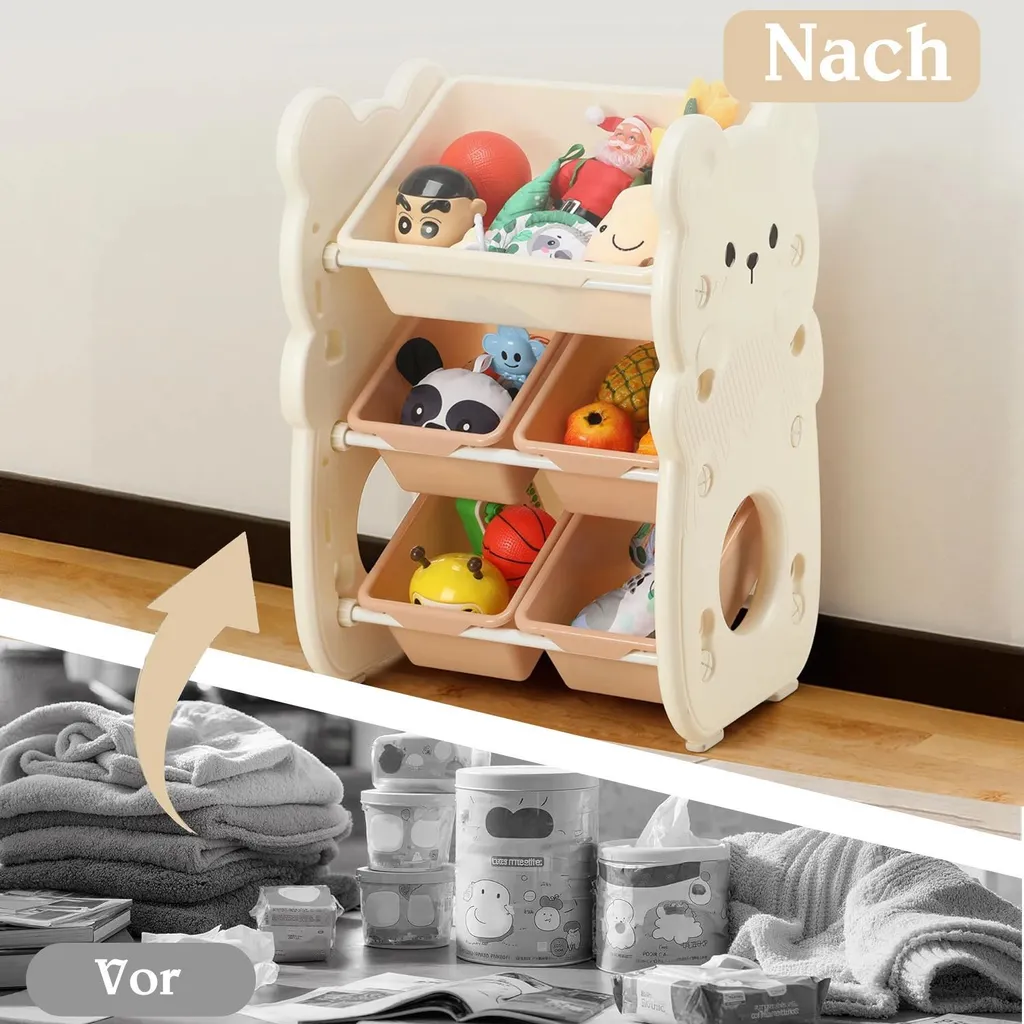 Bibliothèque enfant motif ours et bacs de rangement beige à 3 niveaux