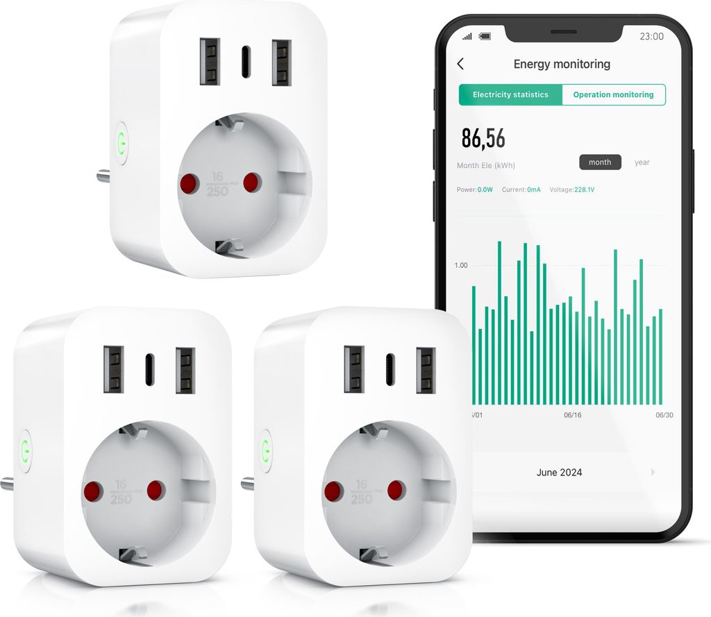 BEARWARE WLAN-Steckdose mit USB, 2,4Ghz WiFi Fernsteuerung per Smart life App, Sprachsteuerung, 3-St., Zeitschaltuhr, Energiekostenmessgerät, USB-...