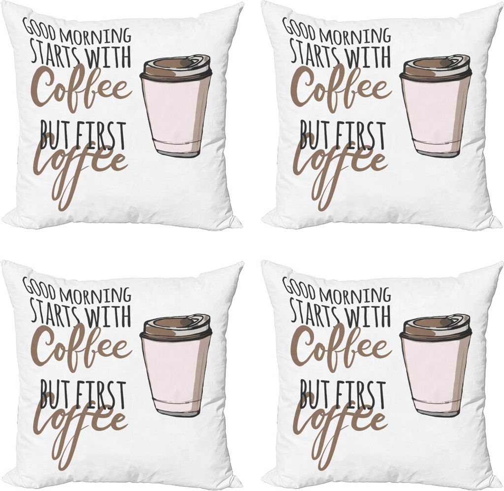 ABAKUHAUS Aber zuerst Kaffee Kissenbezug Set (4 Stück), Morgen beginnt Cup, Moderner Doppelseitiger Digitaldruck, 50 cm x 50 cm, weiß Kakao