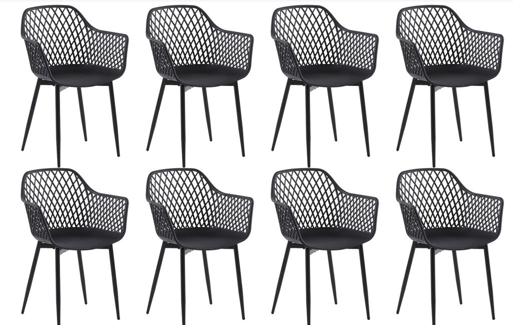 A set of eight black chairs arranged in two rows of four.