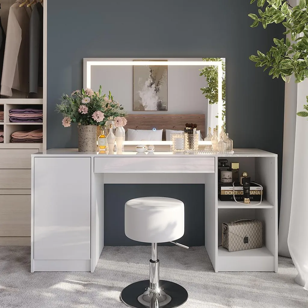 Coiffeuse miroir LED grand rangement Vicco Sherry blanche