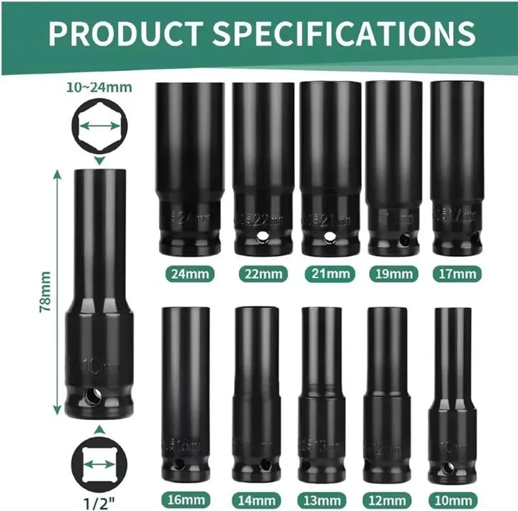 Bussole Lunghe 1/2 Pollice Verdi 10-24mm | Set 10 Pezzi Cr-V per Impulsi - 3