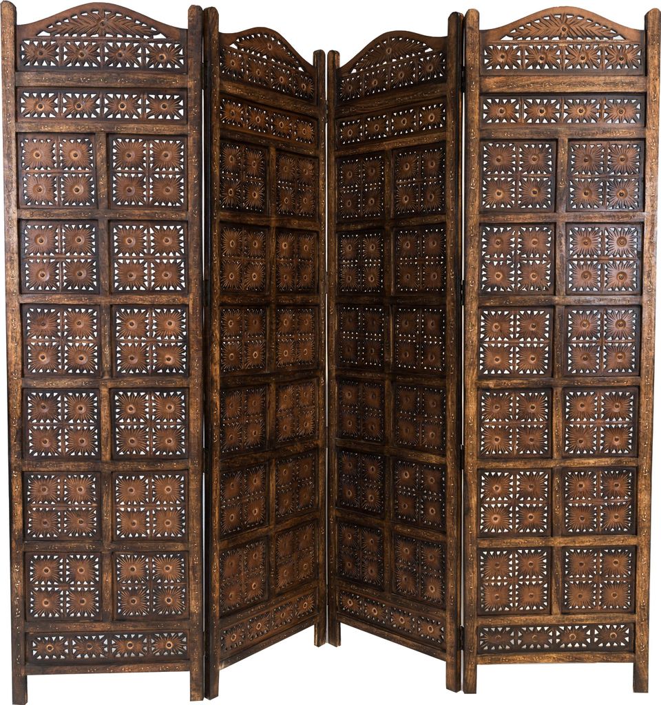 Orientalischer Paravent Raumteiler aus Holz Kamala 200 x 180cm hoch in Braun | Indischer Trennwand als Raumtrenner oder Dekoration im Zimmer oder S...