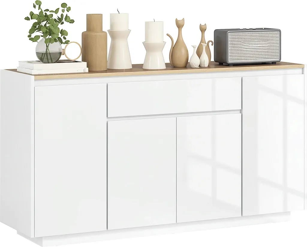 Sideboard de cuisine 140x40x75 cm blanc brillant et naturel à 4 portes