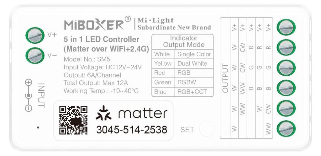MiBoxer SM5 5-in-1 LED-Controller – Matter und 2.4 GHz, Einfarbig, CCT, RGB, RGBW, RGB+CCT, 12–24 V, 12 A