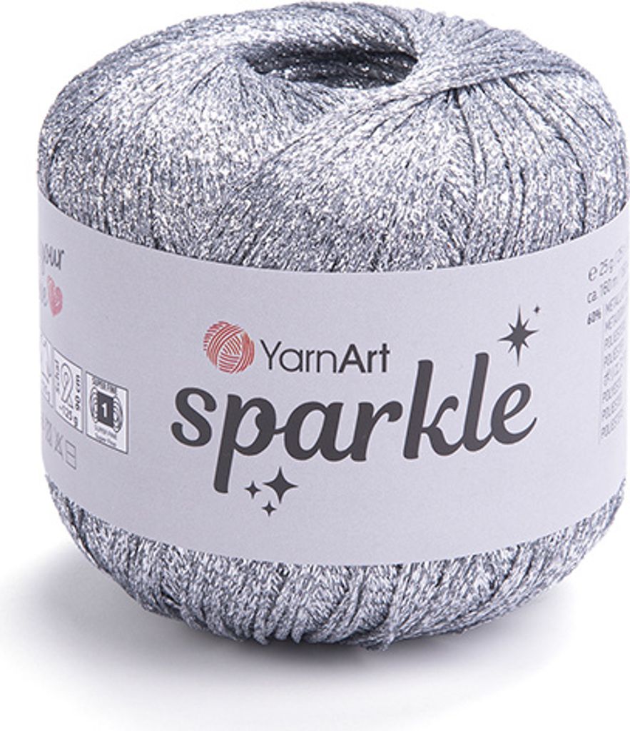 A ball of silver, sparkly yarn with a label.