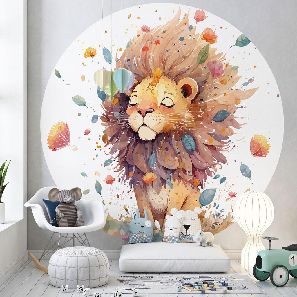 Runde/kreisf?rmige Tapete für Kinder – Lumaléa – L?we – Premium-Papier 185 g, abwaschbar – Durchmesser 90 cm
