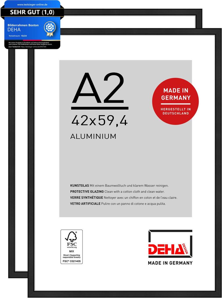 DEHA Design Bilderrahmen Boston (2er Set), A2 42x59,4 cm, Aluminium Schwarz Matt