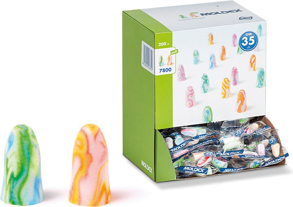 A display box of Moldex earplugs with two earplugs in the foreground.