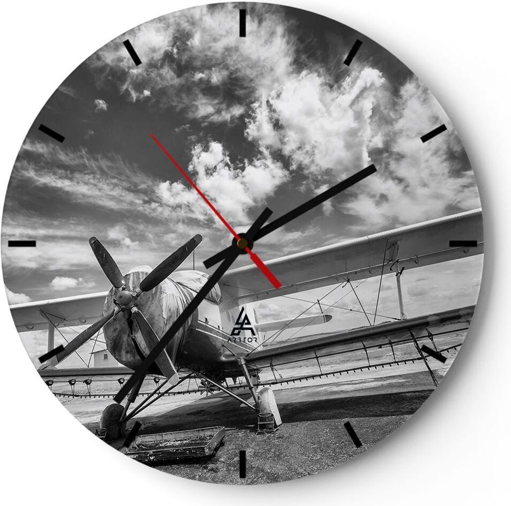 Wanduhr - Rund - Glasuhr - An-2 Flugzeug Schwarzweiß - 40x40cm - Schleichendes Uhrwerk - Lautlos - zum Aufhängen bereit - Dekoration Modern - Wan...
