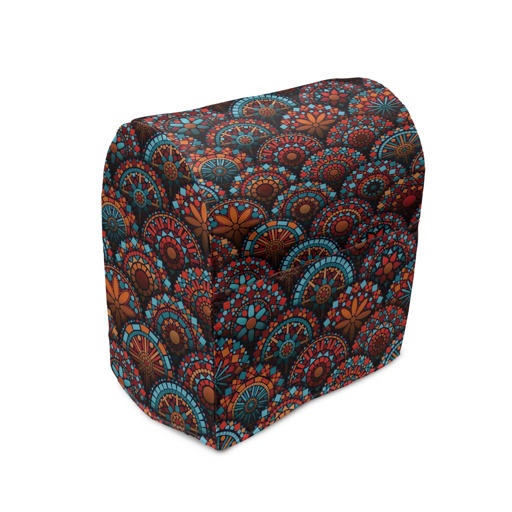 Copertura per frullatore ABAKUHAUS Mandala, motivi floreali geometrici, custodia per utensili da cucina con tasche, 36 x 39 x 24 cm, arancione scarlatto e blu