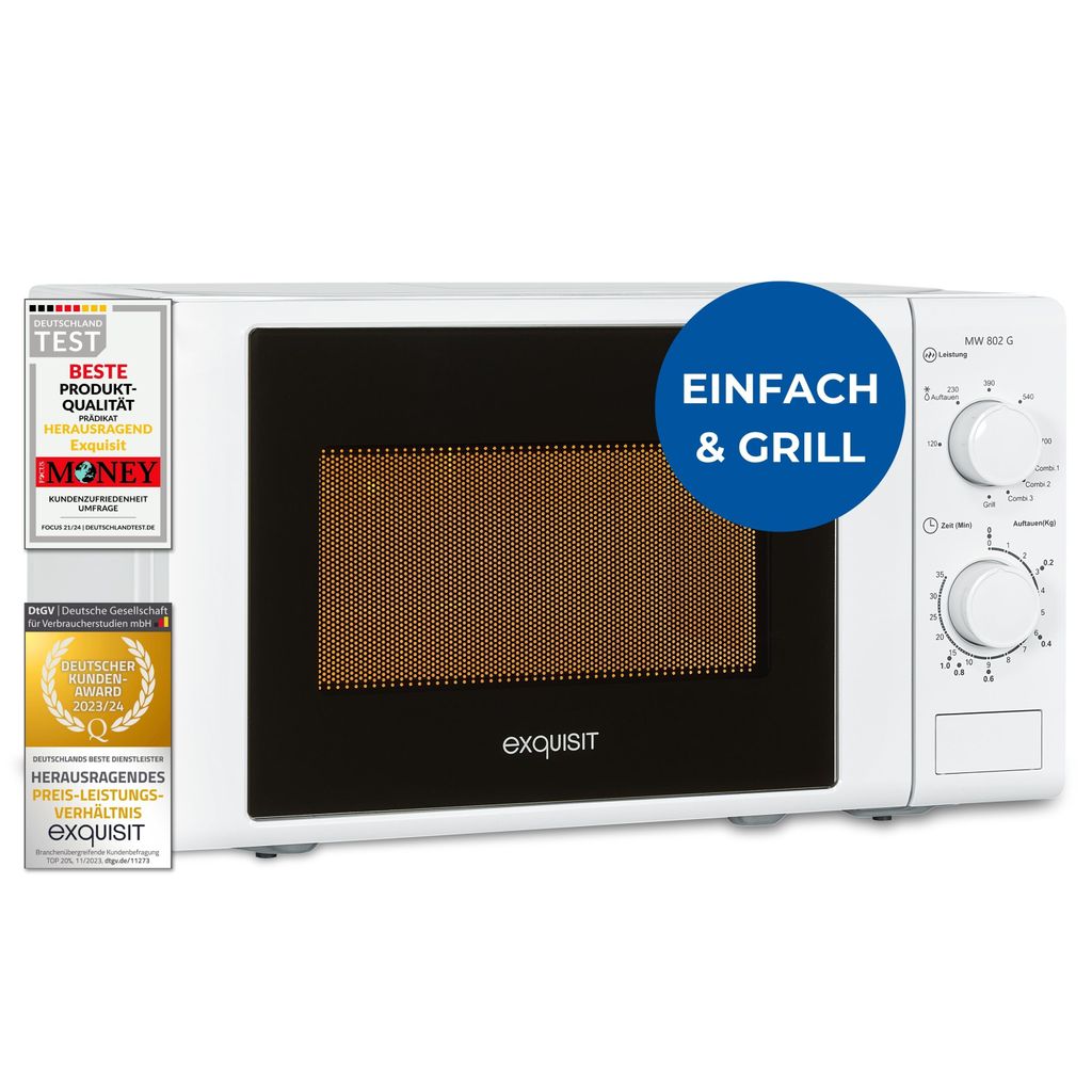 A white Exquisit microwave oven is shown against a white background, with several award badges on the left and a blue circular overlay on the right.