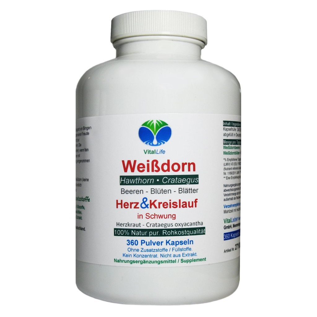Weissdorn Weißdorn 360 Pulver Kapseln - Blätter Blüten Beeren - Ohne Zusatzstoffe Natur Pur.