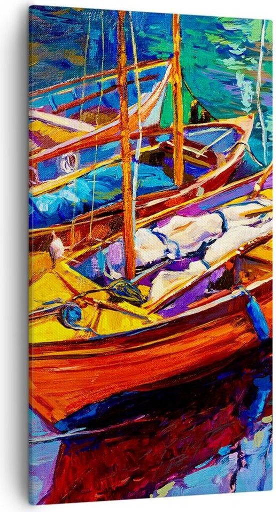 Bild auf Leinwand - Leinwandbild - Boote Bunt Angeln Wasser - 55x100cm - Wand Bild - Wanddeko - Leinwanddruck - Bilder - Kunstdruck - Wanddekoratio...