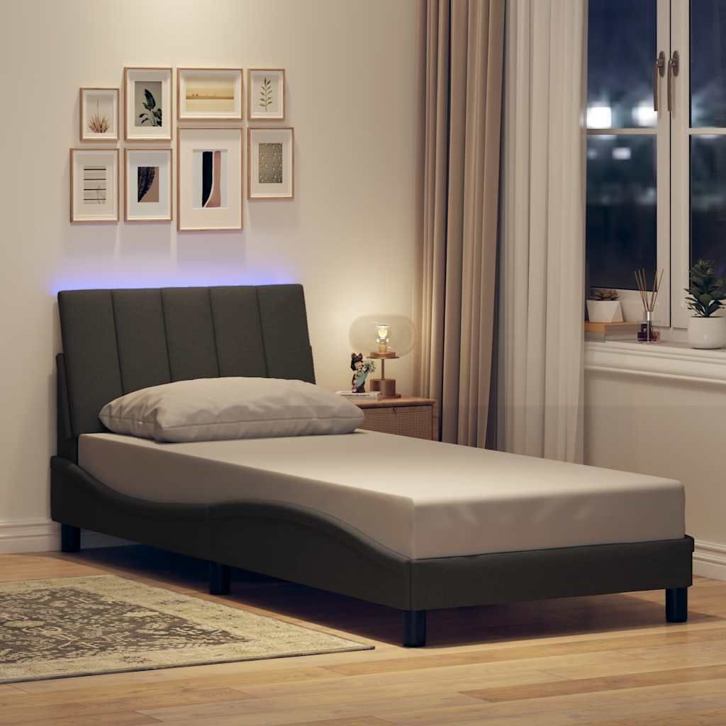 (NEU 2026) Bettgestell moderne, ohne Matratze, "Hanko" Dunkelgrau 90x200 cm - Stoff - Klassische Betten - 23.38 kg