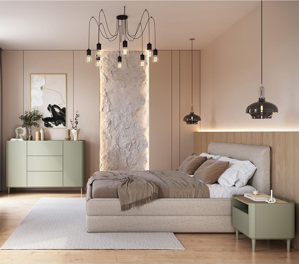 Schlafzimmer Set in Grün mit Eiche, 2 Nachtschränke & Kommode, 3-teilig - ELOY-141
