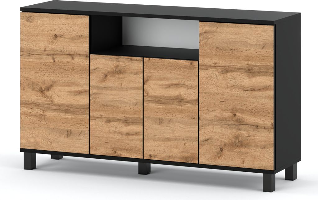Skandinavische Kommode Sideboard Holz 140x80x35 für Wohnzimmer, Flur oder als Kommode Schlafzimmer - Minimalistisches Design -Schwarz Matt Wotan E...