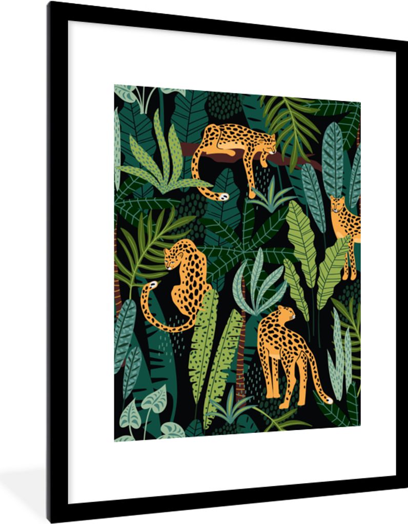 MuchoWow Gerahmtes Poster Dschungel - Panther - Muster - Jungen - Mädchen - Pflanzen 60x80 cm - Poster mit Schwarzem Bilderrahmen Wandposter Rah...