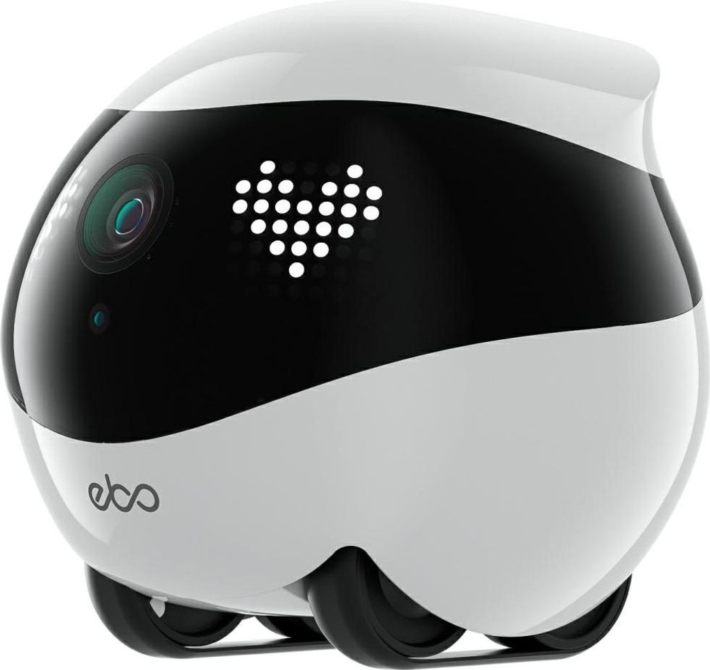 A white and black robot with a heart-shaped LED display on its face, shown from a three-quarter front view on a white background.